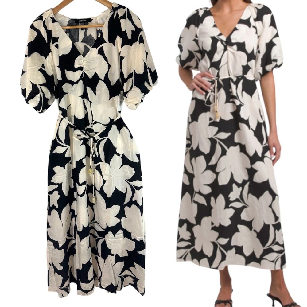 Ellen Tracy Black Floral Print Puff Sleeve Maxi Elegant Dress Women's XS